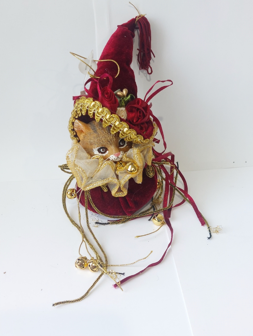 Velvet Red Cat Ornament with Gold Trim and Bells